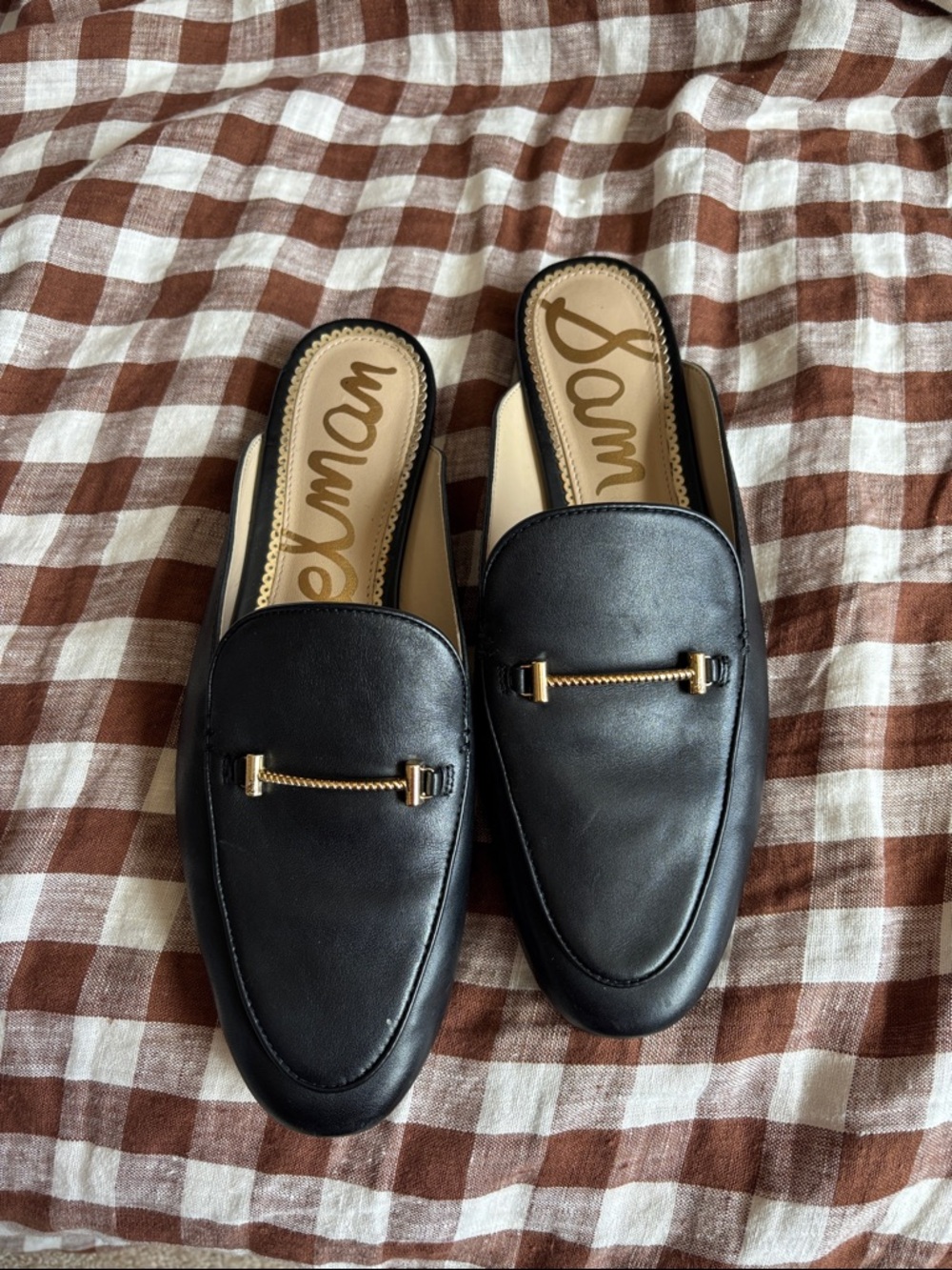 Sam Edelman Black Leather Backless Mules with Gold Chain Accent 8.5 - Picture 2 of 2